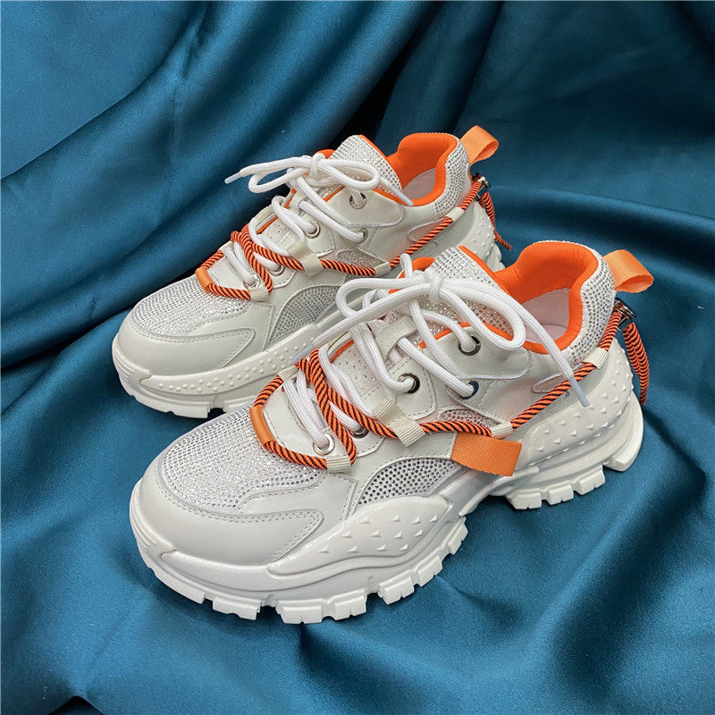 Women’s Rhinestone Leather Platform Sneakers | Trendy Lace-Up Daddy Shoes | Casual Chunky Style Trainers