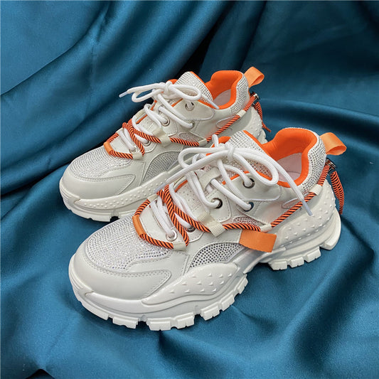 Women’s Rhinestone Leather Platform Sneakers | Trendy Lace-Up Daddy Shoes | Casual Chunky Style Trainers