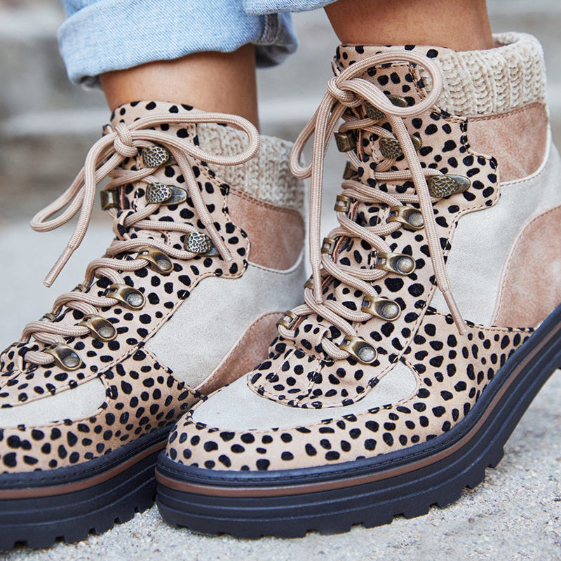 Leopard Print Martin Boots for Women | Lace-Up Winter Ankle Boots | Low Heel Fashion Casual Shoes