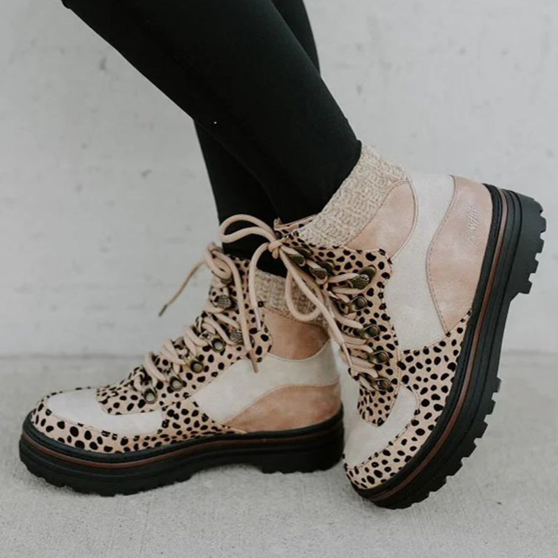 Leopard Print Martin Boots for Women | Lace-Up Winter Ankle Boots | Low Heel Fashion Casual Shoes
