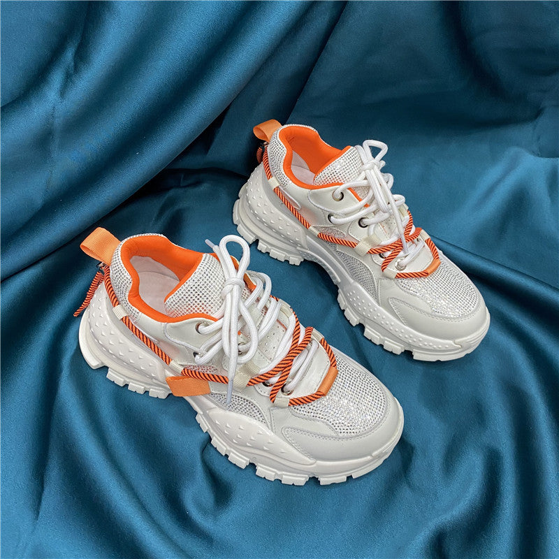 Women’s Rhinestone Leather Platform Sneakers | Trendy Lace-Up Daddy Shoes | Casual Chunky Style Trainers