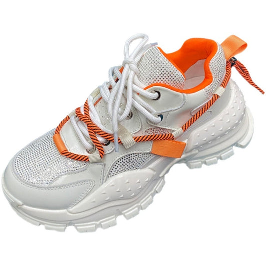 Women’s Rhinestone Leather Platform Sneakers | Trendy Lace-Up Daddy Shoes | Casual Chunky Style Trainers